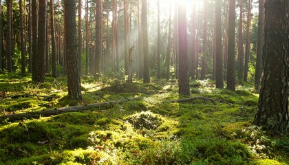 Sunlit Pine Forest with Lush Mossy Ground Peaceful Nature Scene