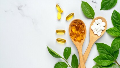 Wooden Spoons Hold Fish Oil and Vitamin Supplements Near Green Leaves on Marble