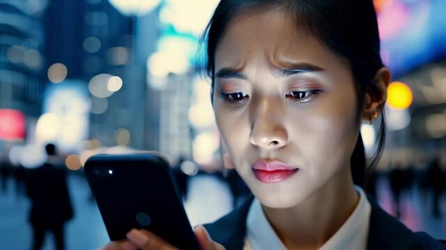 A serious Asian businesswoman with a smartphone in the night downtown. A serious Asian businesswoman takes charge in downtown, using her smartphone to stay connected after hours.