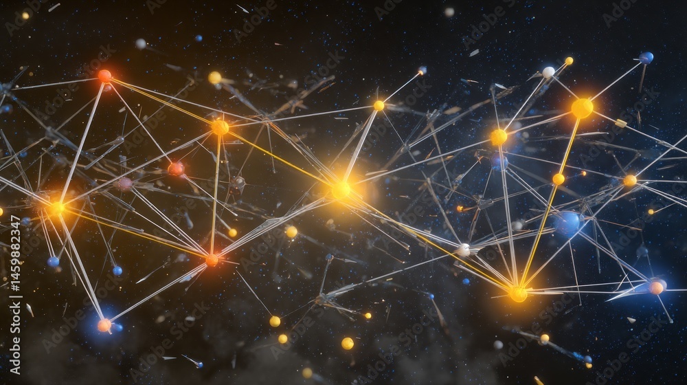 Poster Complex network of data connections is visibly illuminated with orange highlights, illustrating the flow of information within a digital environment, showcasing modern technology