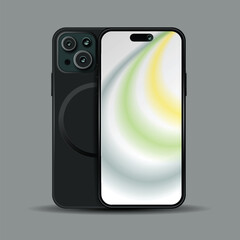 Set of two smartphones mockup, front and back view on gray background.