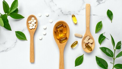 Natural Supplements Wellness Concept: Wooden Spoons Filled with Vitamins and Herbal Capsules on Marble Background with Green Leaves
