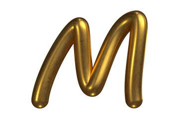 Script tubular font golden 3D letter M with glossy and metallic texture, decorative and luxurious style. High quality 3D rendering.