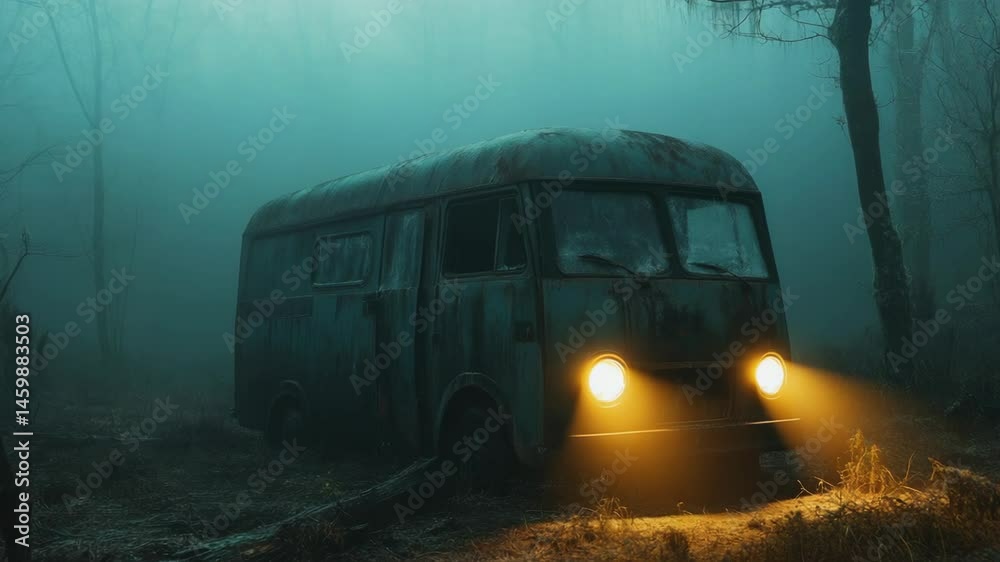 Poster an abandoned old bus sitting in a dense forest