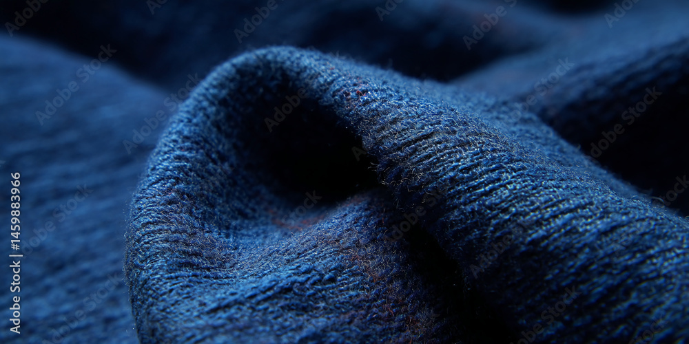 Poster close-up of deep blue fabric texture, showing a plush, slightly fuzzy surface, suggesting warmth and