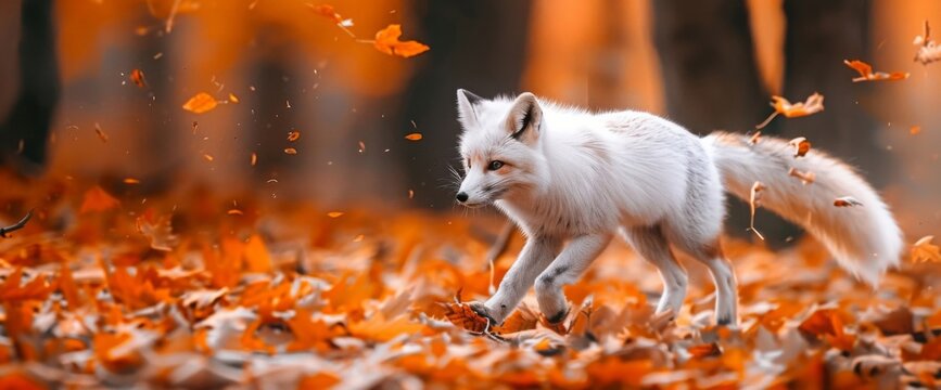 Arctic polar fox running in orange autumn leaves. Cute Fox, fall forest. Beautiful animal in the nature habitat. Orange fox, detail of cute fox.  125 --v 6.0 - Image #1 @kashif320