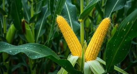Lush Cornfield Bounty: Ripe Corn Cobs Amidst Verdant Foliage and Dewdrops