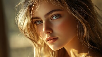 Fototapeta premium Close-up portrait of a young woman with blonde hair and green eyes, lit by warm sunlight.