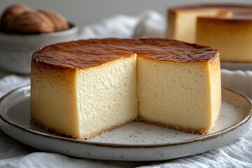 Buttery cheesecake wedge with smooth filling texture high resolution image