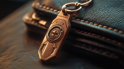Stylish bronze keychain on leather wallet high resolution picture