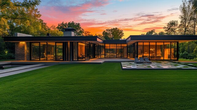 Modern home at sunset, nestled in a verdant landscape.  Spacious, contemporary architecture with glass walls and outdoor living area