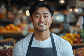Fototapeta premium Smiling fruit seller wearing an apron in a vibrant market environment