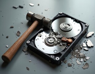 Destroyed computer hard drive with hammer. Concept of data deletion, cyber security breach, information loss, data protection, destruction, damage, failure of hard disk. Digital security.