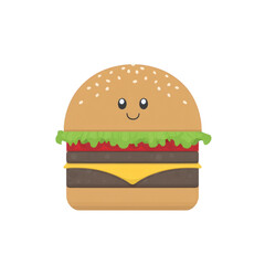 Cute cartoon burger with smiling face, featuring sesame seed bun, lettuce, tomato, cheese, and two beef patties. playful design adds fun and cheerful touch
