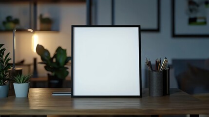 Blank Frame Mockup on Wooden Desk with Plants and Pencils