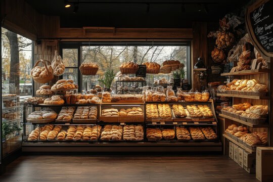 Cozy bakery interior showcasing fresh bread and pastries with rustic wooden decor