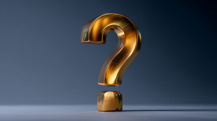 Gold question mark, 3D render,  stands on a gray surface against a dark background, symbolizing inquiry, curiosity, and uncertainty