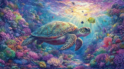 Obraz premium Serene sea turtle swimming amidst vibrant coral reef and colorful fish.