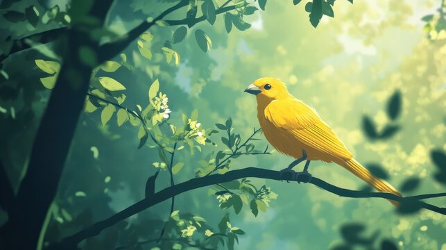 A soft focus of a yellow baya weaver bird perched on a tree in the woods illustration , no logos, no brands