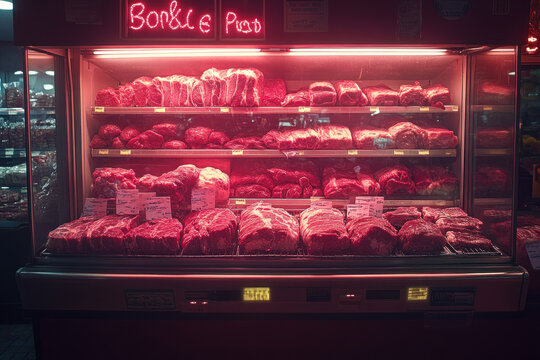 Fresh assorted raw meats displayed in illuminated refrigerated butcher shop showcase