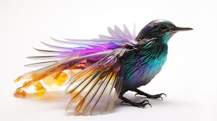 Obraz premium A starling-shaped artificial bird with 3D-printed, holographic feathers that shift colors under the light, creating a mesmerizing effect on a white background.