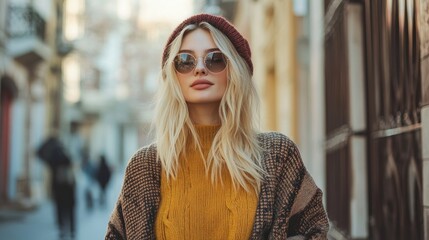 Obraz premium Stylish blonde woman in sunglasses and hat outdoors.