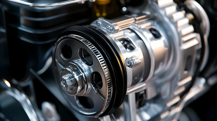 Obraz premium Close-up of shiny metallic car engine component with detailed gears and belts