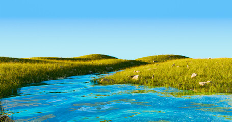 Serene landscape with blue stream flows through rolling green hills covered in lush grass with scattered rocks and bright cloudless sky. Concept of travel, environment. Calming nature. 3d render.