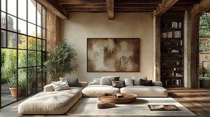 Contemporary living area with urban design and wood accents high resolution image