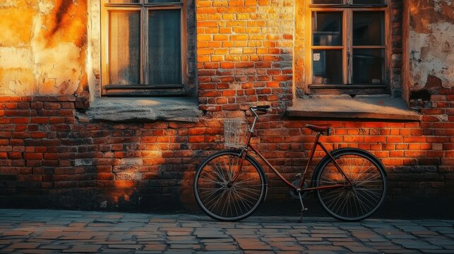Rusty bicycle leaning against a weathered brick wall.