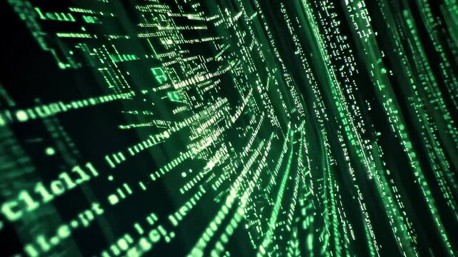 Closeup view of computer programming code displaying intricate green patterns on a dark background, A close-up view of computer programming code playing on screen at high speed - seamless ing