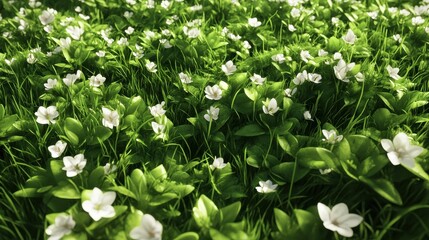 A beautiful field of green grass with white flowers scattered throughout. The flowers are small and delicate, and they are arranged in a way that creates a sense of depth and movement