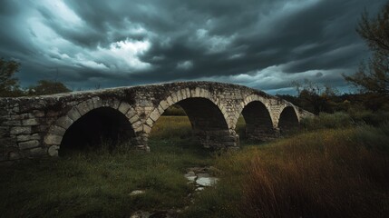 Fototapeta premium Stormy sky over an ancient stone arch bridge.