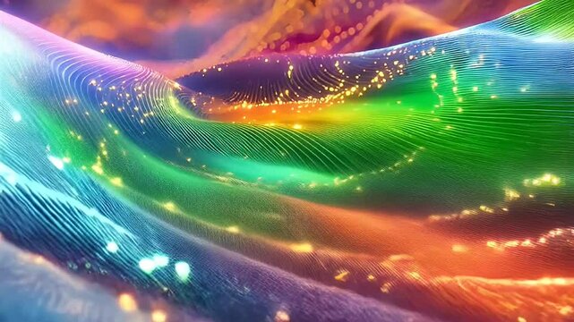 Abstract landscape of glowing lines and curves, creating a vibrant, colorful, and dynamic visual