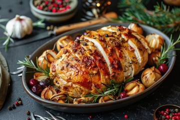 garlic and rosemary roasted whole turkey chicken baked with olive oil and fresh herbs