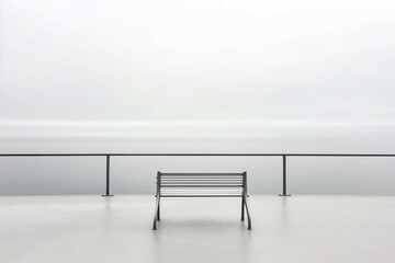 Bench overlooks a foggy expanse. Minimalist scene with muted tones, capturing solitude and contemplation by the sea.