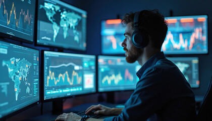 Analyst monitors sports data, analyzing real-time performance, using computer vision tech. Data streams on multiple monitors showing charts, maps. Man wearing headphones, working in cyber space,