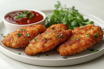 Deep fried golden chicken tenders on plate high resolution image