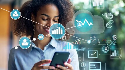 Business professional checking smartphone with data analytics overlay in modern office setting, cloud with percents and arrow over biracial businesswoman using smartphone - Powered by Adobe