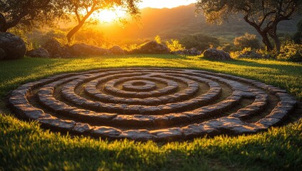 Naklejka premium A stone maze at sunset in a grassy area.