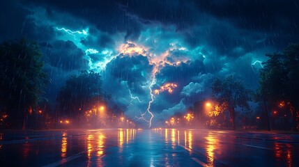 Dramatic evening lightning storm over slick pavement high resolution photo