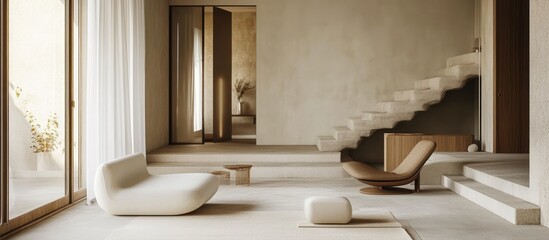 Minimalist living room with beige walls, stairs, and modern furniture.