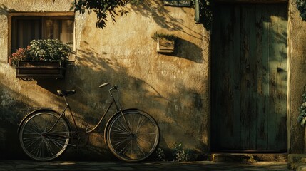 Fototapeta premium Exterior of a weathered building, with a vintage bicycle and potted plants.
