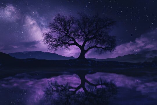 Silhouetted tree by a placid lake under a starry night sky