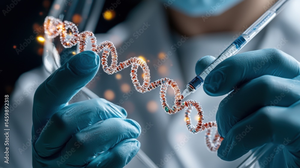 Poster A scientist is holding a DNA strand and injecting it with a syringe