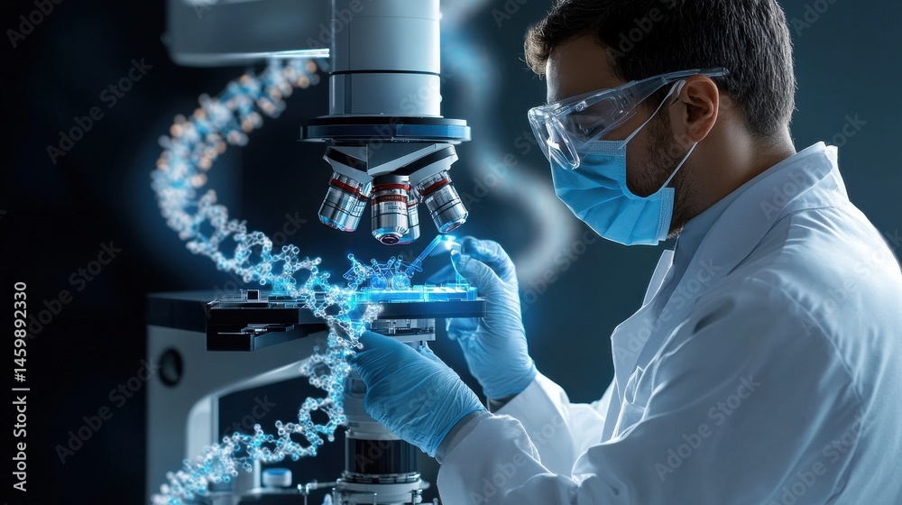Poster a man in a lab coat is working with a microscope, looking at a strand of dna