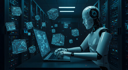 White Robot Using Laptop in Dark Server Room with Data Cubes