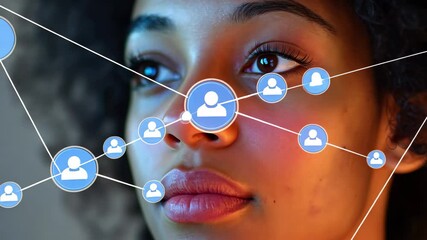 Network of connections visualized on a woman's face highlighting data processing and technology integration, network of connections and data processing over globe - Powered by Adobe