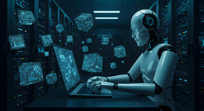 White Robot Using Laptop in Dark Server Room with Data Cubes - Powered by Adobe