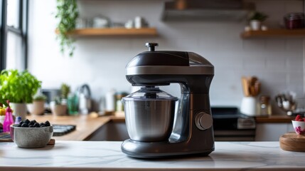 A sleek stand mixer sits on a counter in a contemporary kitchen. Fresh fruits and baking supplies are visible, hinting at a baking session. Natural light brightens the space